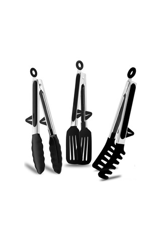 Honmex 3'lü Siyah Silikon Uçlu Paslanmaz Çelik Mutfak Kelepçesi, 23cm, Makarna-salat-bbq İçin Siyah