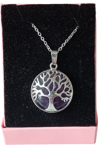 Ametist Doğal Taşlı Hayat Ağacı Çelik Kolye - Kadın Mor
