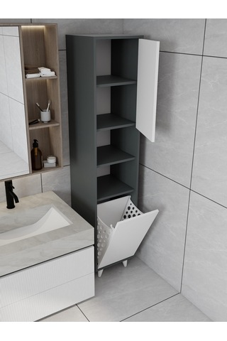 Riva Çamaşır Sepetli Banyo Dolabı Koyu Gri Renk