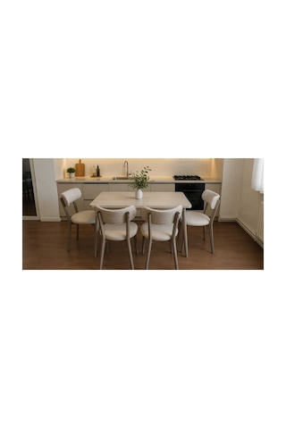 Tool Aksesuar T-6010 4 Kişik Yemek Masası Ve Krem Sandalye Takımı Mutfak Salon Restorant Cafe Otel Kullanımına Uygundur.