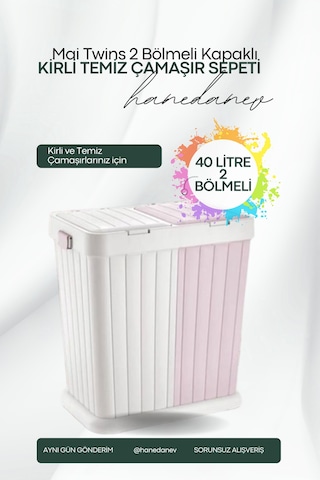 2 Bölmeli Dokumatik Kapaklı Mai Twins Temiz Kirli Çamaşır Sepeti 40+40 Litre Fuşya