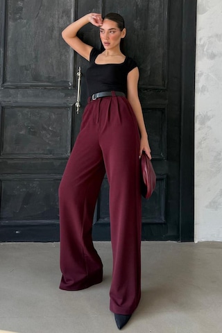 Madmext Bordo Çift Pileli Kemerli Pantolon Mg2330 Bordo