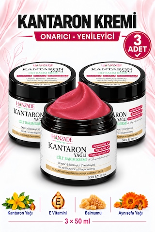 Hanzade Bitkisel Kantaron Yağlı Krem 50 Ml X 3 Adet Nemlendirici Yüz, El Ve Vücut Bakım Kremi, E Vitaminli