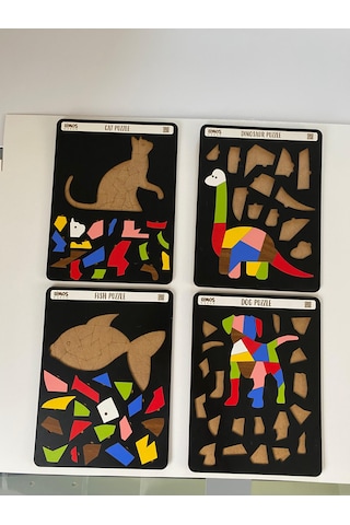 Dinozor, Kedi, Köpek Ve Balık Sevimli Hayvanlar Puzzle 4'Lü Set
