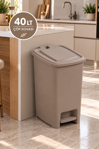 Porsima 1143 Slim Pedallı Mutfak Çöp Kovası 40 Lt - Geniş Hacimli Hijyenik Pedallı Çöp Kutusu Cafe Latte