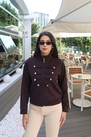Kechi Woman Scuba Kumaş Çin Düğmeli Fermuarlı Ceket Kahverengi