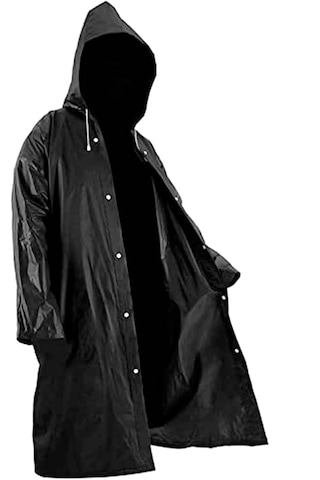 Su Geçirmez Eva Kumaş Yağmurluk Siyah Kapşonlu Çıtçıtlı Yağmurluk Siyah