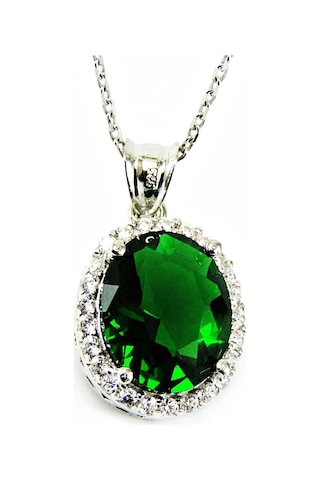 Gümüş Oval Zümrüt Yeşili Kolye