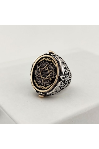 925 Ayar Gümüş Mineli Çift Taraflı Mührü Süleyman Erkek Yüzük Silver