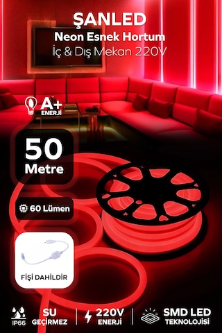 Neon Esnek Hortum Şerit Led Kırmızı Rengi 220v Fiş/1,2,3,4,5,10,15,20,25,30,50,100 Metre