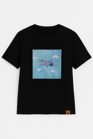 Markapia Kadın Bisiklet Yaka Pamuk Helikopter Baskılı Kısa Kollu T-shirt Siyah