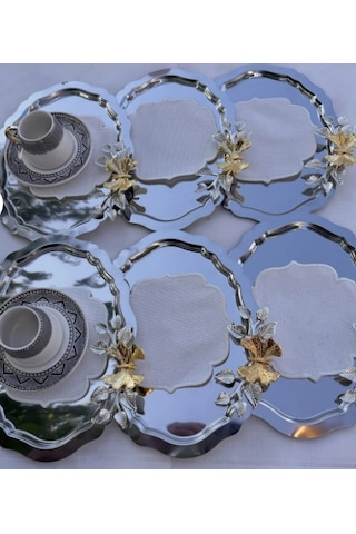 Denizhomecollection 6 Lı Oval Sunum Ve Kahve Tepsisi Yaprak Ve Kelebek Gri - Gümüş