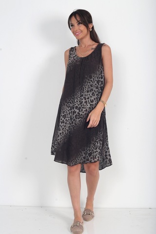 By Saygı Kadın İtalyan Cotton Yaka Lastikli Astarlı Leopar Sıfır Kol Midi Elbise Kahve