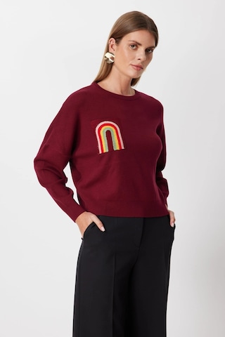 On Fashion Kadın Renkli Aksesuarlı Sıfır Yaka Bordo Kazak 63318 Bordo