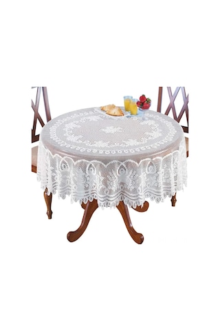 Mufunye Vintage Çiçek Desenli Makinede Yıkanabilir Yuvarlak Masa Örtüsü - 180x180cm Beyaz Beyaz