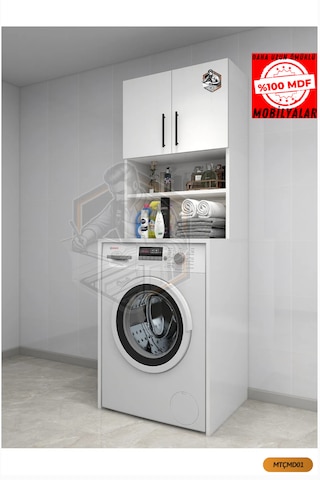 Tamamı Mdf Açık Raflı ve Kapaklı Çamaşır Makinesi Dolabı Beyaz