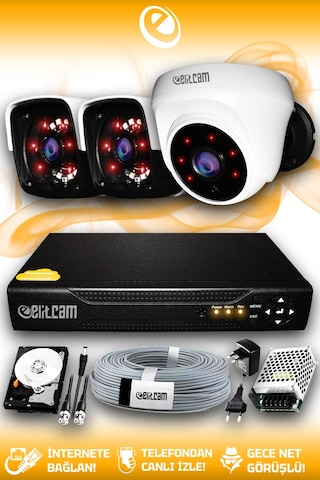 Elitcam 3 Kameralı Panda 1 İç Kamera Set 1 TB HDD Full HD Gece Görüşlü Güvenlik Kamerası Sistemi