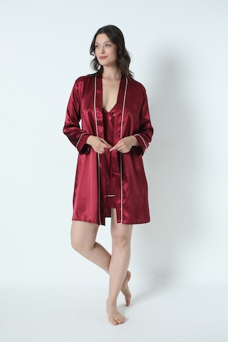 Alissa Kadın Bordo Saten Çeyiz Seti 6 Parça Beyaz Biyeli Sabahlık Gecelik Pijama Şortlu Takım 8630 Bordo