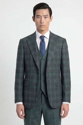 Sabri Özel Giotelli Erkek Yeşil Dar Kesim Slim Fit Viskon Ekose Sivri Yaka Fleto Kapaklı Cep Çift Yırtmaçlı Klasik Paça Tam Astarlı 6 Drop Yelekli Takım Elbise