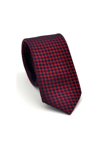 Lacivert Piti Kare Desenli Bordo Dokuma Kumaş Mendilli Slim Fit Kravat // Sdk-2503-6 Bordo