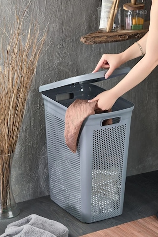 İronika Slim İki Bölmeli Kapaklı Dekoratif Kirli Çamaşır Sepeti 90 Litre Gri - Beyaz Gri