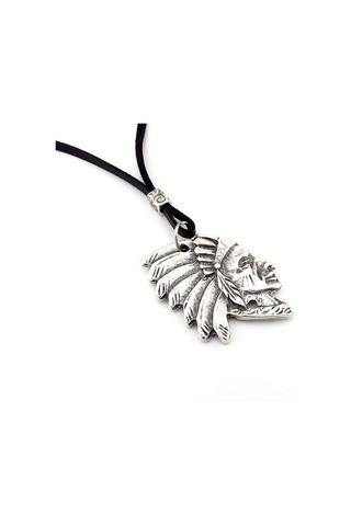 Solfera Kızılderili Şef Ulu Manitu Siyah Deri Metal Erkek Kolye Q0593 Beyaz