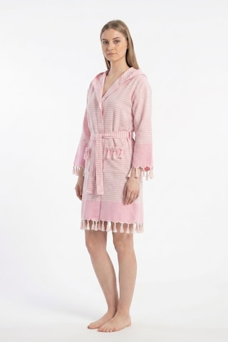 Kapşonlu Unisex Peştemal Plaj Bornozu %100 Pamuklu Seaside Stripe Pembe