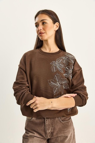 Shade Kadın Bisiklet Yaka Çiçek Boncuk İşlemeli Relaxed Sweatshirt 1572 60283809 - Kahverengi