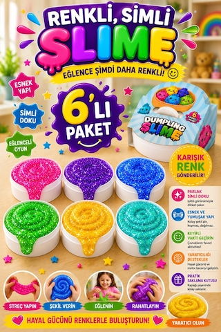 6'lı Slime Oyun Jeli Simli Streç Hamur Eğitici Duyusal Oyun Motor Beceri Geliştiren Oyuncak Renkli