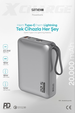 Simex 20.000 Mah 22.5w Hızlı Şarj Pd Powerbank Kendinden Kablolu Ve Dijital Göstergeli Taşınabilir Cihazı Standart