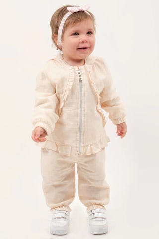Mini Baray 3'lü Fırfırlı Kız Bebek Takımı Hırka + Üst + Alt - 9-18 Ay Bej