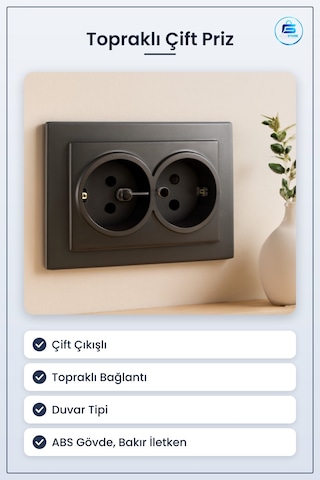 Siyah Topraklı Çift Çıkışlı Priz Duvar Tipi Ev Ofis Atölye Elektr