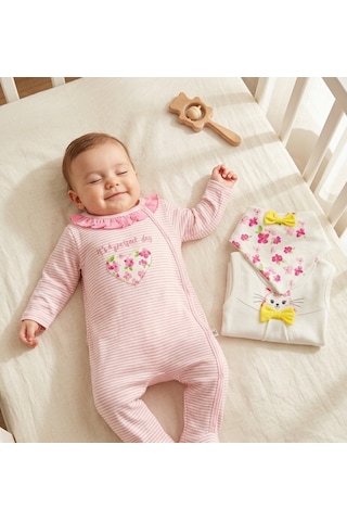 İmaj Bebe Pamuklu Kitty Desenli 3 Ay Kız Bebek Tulum Seti - 3'lü Takım Pembe