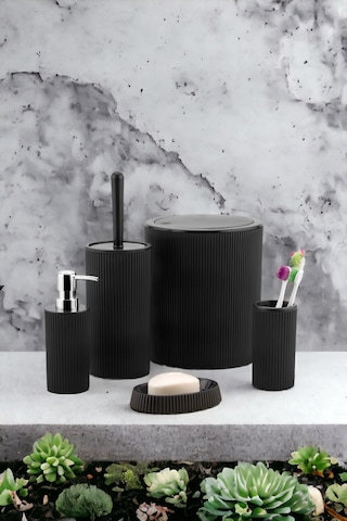 5'li Modern Ve Şık Banyo Seti, Sıvı Ve Katı Sabunluk, Diş Fırçalık, Çöp Kovası, Klozet Fırçası Siyah