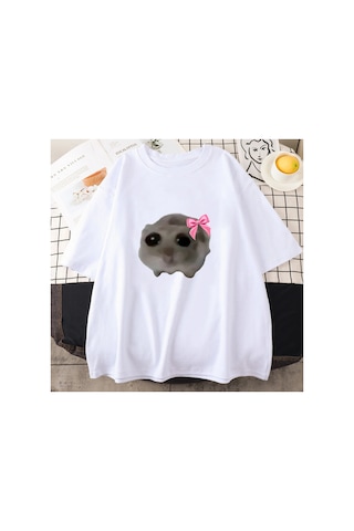 Tarzsokak Beyaz Sad Hamster Tshirt Karikatür Grafik Baskılı Pembe Yaz Tshirt Streetweed Kı