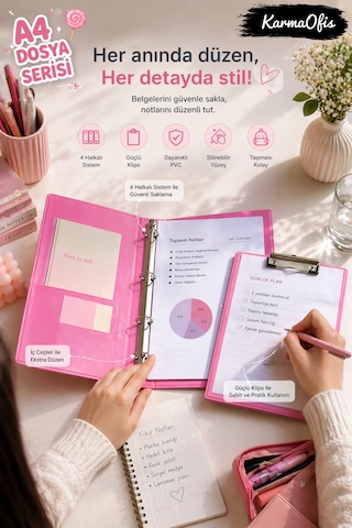 Pink Dreams Aesthetic Kırtasiye Seti A4 4 Halkalı Klasör + Kapaklı Sekreterlik Pembe Pvc Dosya Organizer