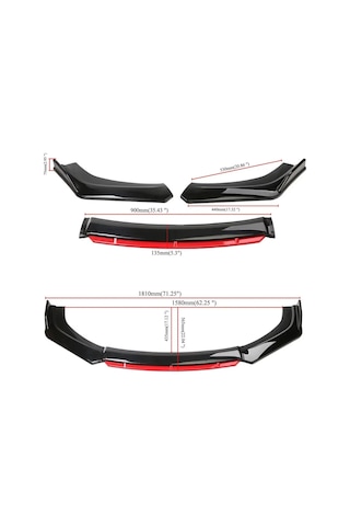 4 Parça Ön Lip Universal Ön Tampon Eki Piano Black Kırmızı Renk