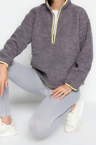 Ersefa Tarz Regular Dik Yaka Düşük Kol Regular Peluş Örme Spor Sweatshir Gri