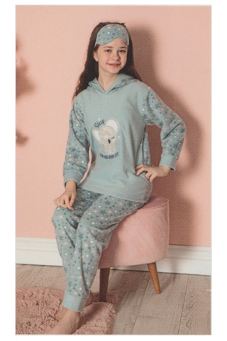 Tarık Kız Çocuk Uzun Kollu Kapşonlu Polar Kışlık Pijama Takımı Turkuaz
