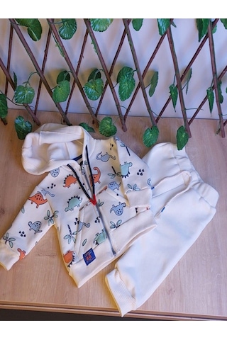 Erkek Çocuk Bebek Dinazor Desenli Kapşünlu Ve Fermuarlı 2 Li Takım-642 Krem