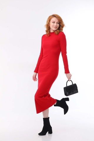 Kallima Kırmızı Bodycon Dik Yaka Uzun Kollu Fitilli Elbise-130 Cm Kırmızı