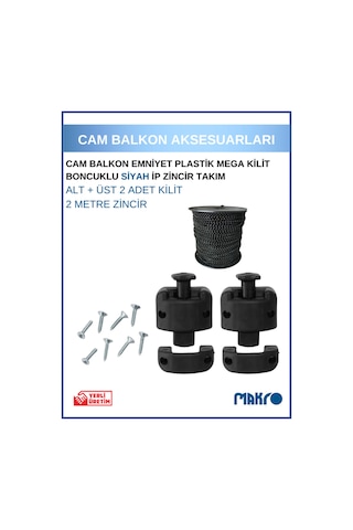 Cam Balkon Kilidi Emniyet Plastik Mega Kilit Boncuklu Siyah Ip Zincir Takım Seti