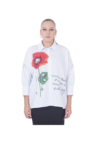 Büyük Beden Çiçek Motifli Slogan Yazılı Çizgili Gömlek Beyaz