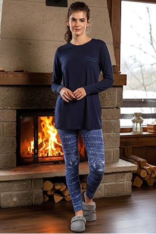 Aydoğan Kadın Uzun Kol Taytlı Pijama Takımı Lacivert