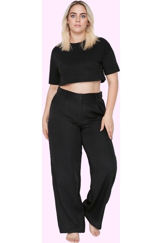 Ersefa Kadın Düz Desen Wide Leg Pantolon Yüksek Bel Rahat Kalıp Günlük K siyah