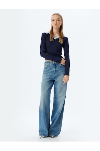 Koton Pamuklu Gömlek Yaka Katlı Slim Fit Uzun Kollu Tişört Lacivert 7wal10124ık