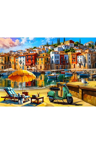 2 Adet 1000 Parça Puzzle - Kamp Ateşi Orman Manzarası Ve Sahil Kasabası Manzarası Yapboz 68x48 Cm