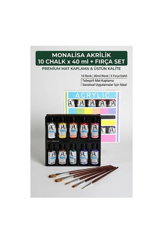 Chalk Akrilik Boya 10 Renkx40 Ml Fırça Hediyeli 1 Paket Monalisa Akrilik Boya Resim Dersi Tuval Ahşap Taş Boya Seti Çok Renkli