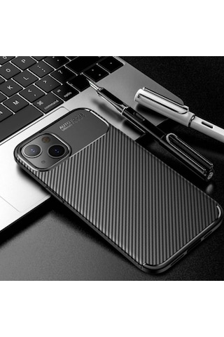 Apple Uyumlu iPhone 13 Uyumlu Silikon Kılıf Karbon Desenli Kamera Korumalı Autofocus Kapak Siyah Siyah -
