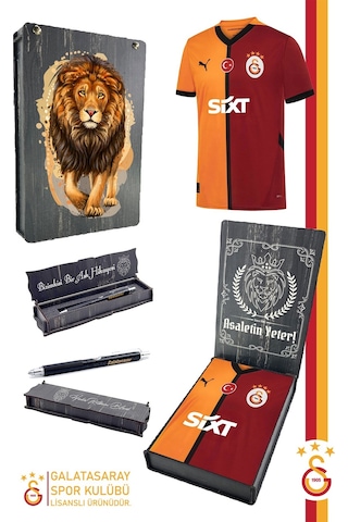 Gsstore Galatasaray Orijinal Lisanslı 24/25 Sarı Kırmızı Parçalı Forma Premium Uçlu Kalem Set Aslan Baskılı Hediyelik Ahşap Kutulu Sarı - Kırmızı